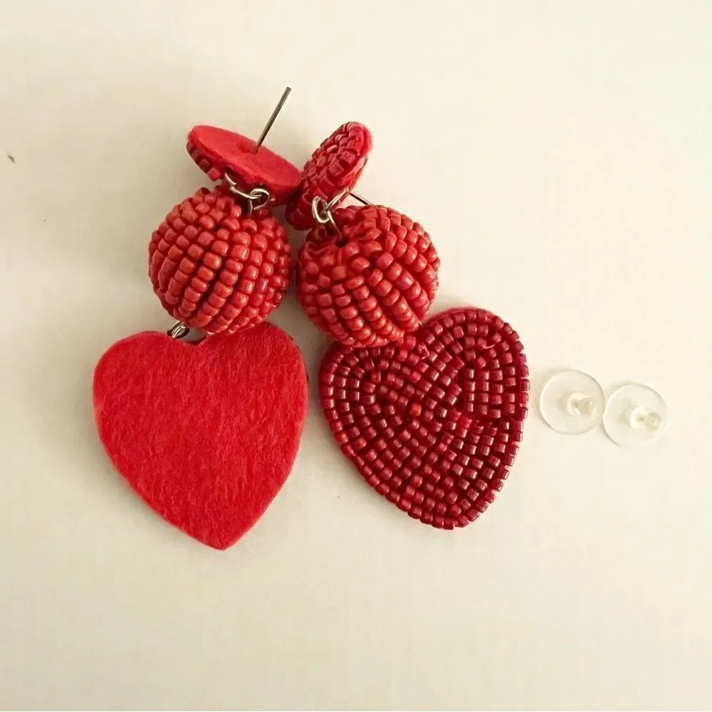 Bohemian Beaded Heart Dangle Earrings, Red